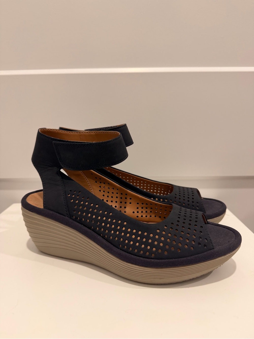 Clarks Navy Perforated Ankle-Strap Wedge Sandals